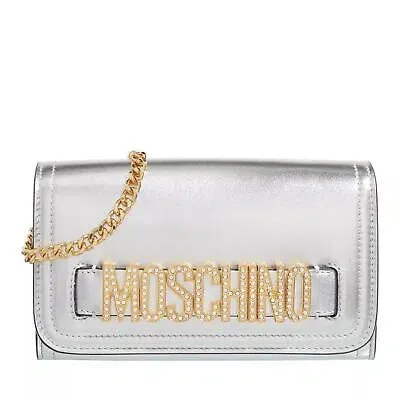 Pre-owned Moschino Lettering Strass Wallet Fantasy Print Nickel Silver Neu & Ovp 1335378 In Silber