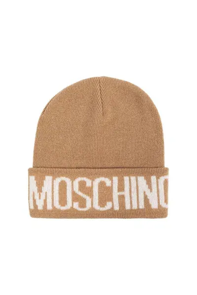 Moschino Logo Detailed Knitted Beanie In Beige