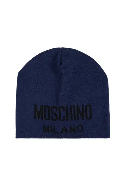 Moschino Logo Detailed Knitted Beanie In Blue