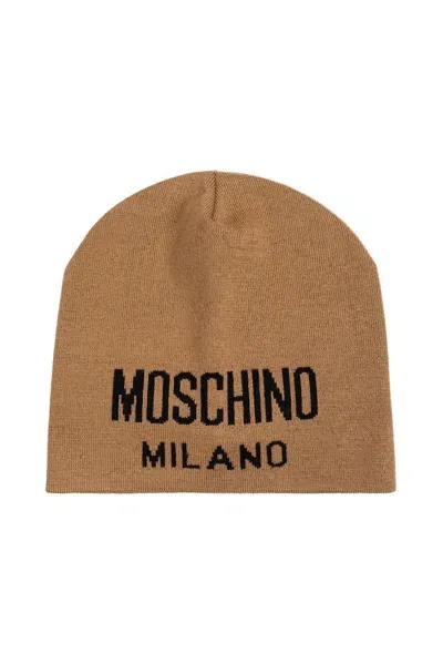 Moschino Logo Detailed Knitted Beanie In Brown