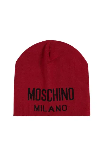 Moschino Logo Detailed Knitted Beanie In Red