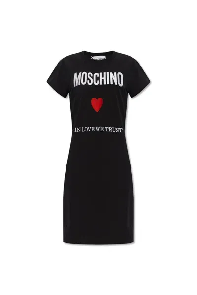 Moschino Logo Embroidered Crewneck Mini T In Black