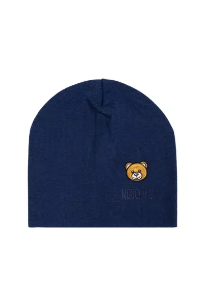 Moschino Logo Embroidered Knitted Beanie In Navy