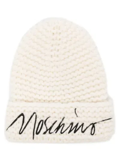 Moschino Logo-embroidered Knitted Beanie In White