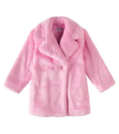 Moschino Kids' Logo Faux Fur Coat In Pink Begonia