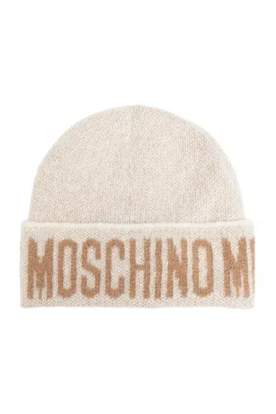 Moschino Logo Intarsia Beanie In Beige