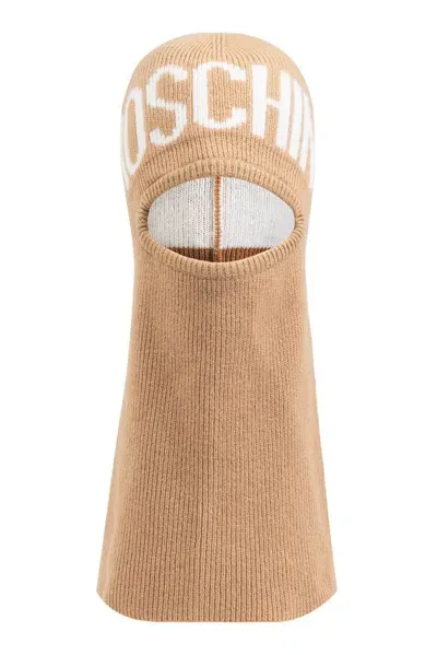 Moschino Logo Intarsia Knit Balaclava In Beige