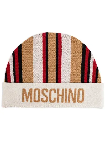 Moschino Logo-intarsia Striped Beanie In Neutrals