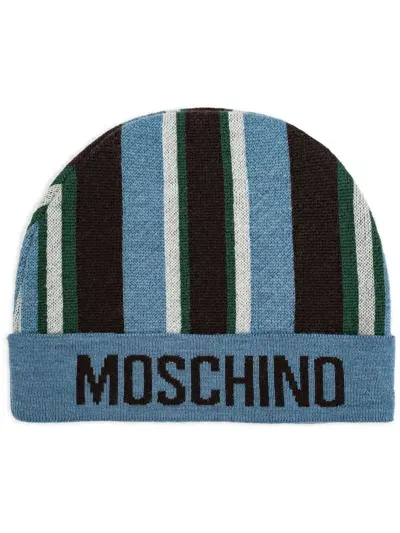 Moschino Logo-intarsia Striped Knitted Beanie In Blue