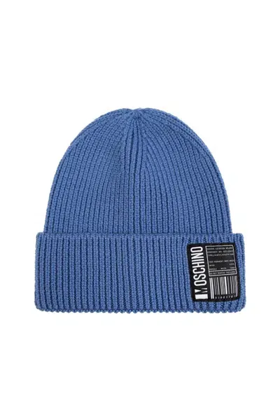 Moschino Logo Patch Knitted Beanie In Blue