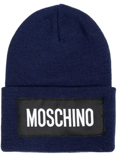 Moschino Logo-patch Knitted Beanie In Blue