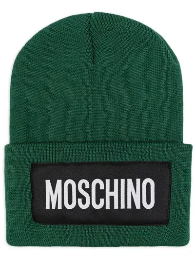 Moschino Logo-patch Knitted Beanie In Green