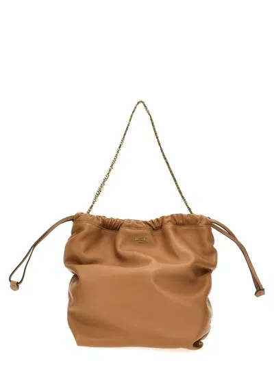 Moschino Logo Plaque Drawstring Shoulder Bag In Brown