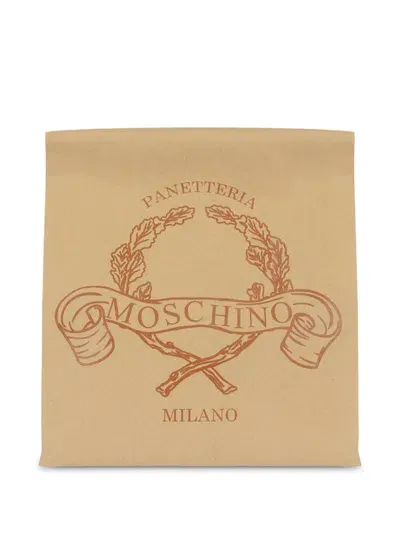 Moschino Logo-print Paper Clutch Bag In Beige