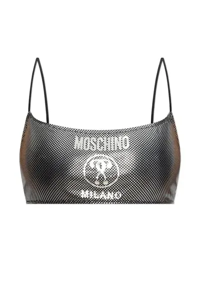 Moschino Logo Printed Metallic Swimsuit Top In Black