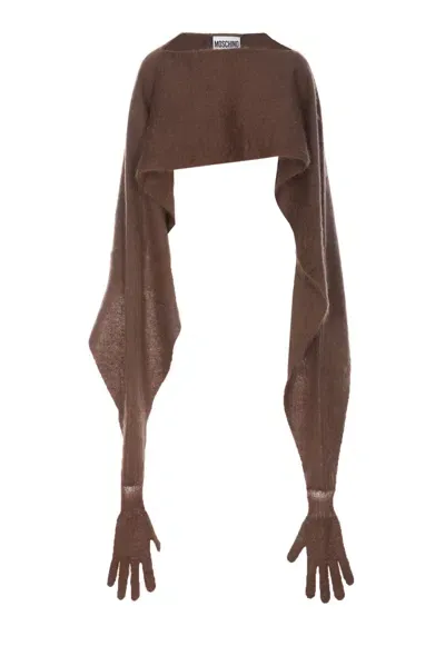 Moschino Mohair Cape With Gloves Detail In Brown