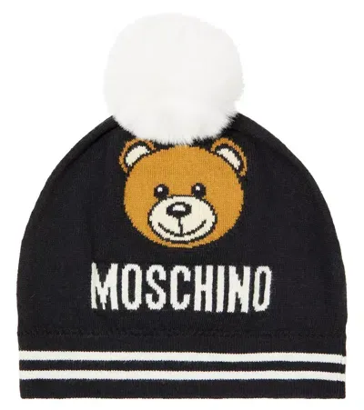 Moschino Kids' Teddy Bear Cotton And Wool Beanie In Black