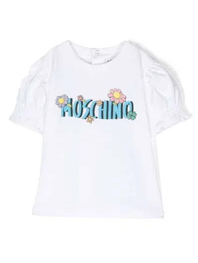 Moschino Babies' Puff-sleeves Floral-print T-shirt In White