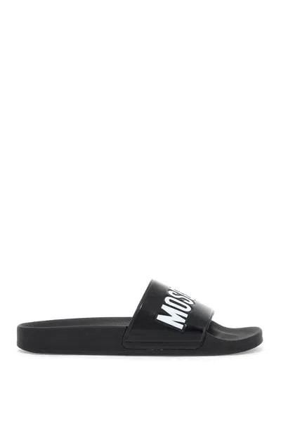 Moschino Rubber Slides With Logo Branding In Black