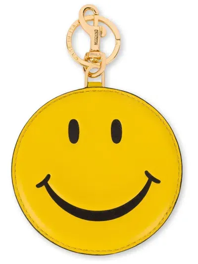 Moschino Smiley-face Leather Keychain In Yellow & Orange