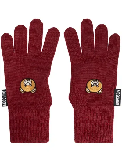 Moschino Teddy Bear-patch Wool Gloves In Red