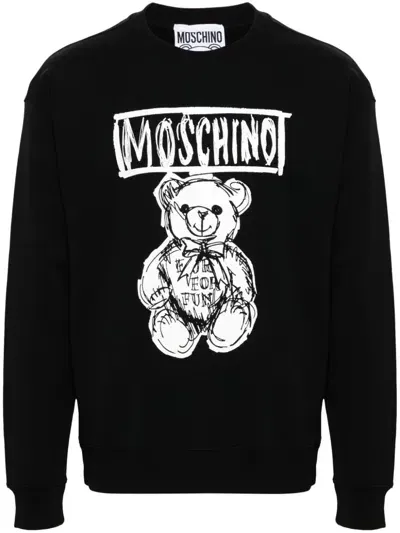 Moschino Teddy Print Cotton Crewneck Sweatshirt In Black