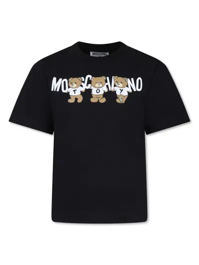 Moschino Kids' Teddy Bear-print Cotton T-shirt In 黑色