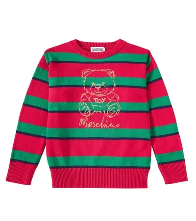 Moschino Kids' Teddy Bear Striped Cotton And Wool Sweater In Red