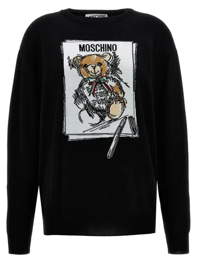 Moschino Crew Neck Embroidered Graphic Print Sweater In Black