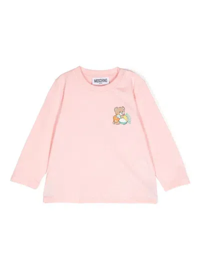 Moschino Kids' Teddybear-print Long-sleeved T-shirt In Pink