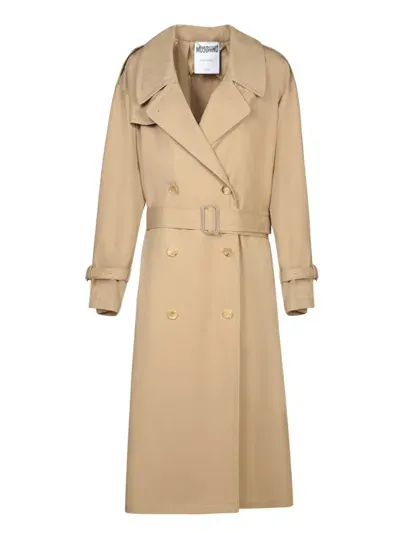 Moschino Cotton Blend Gabardine Long Trench Coat In Beige