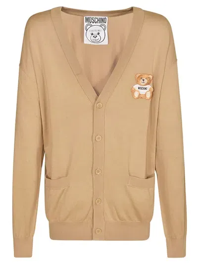 Moschino Beige Patch Cardigan In Brown