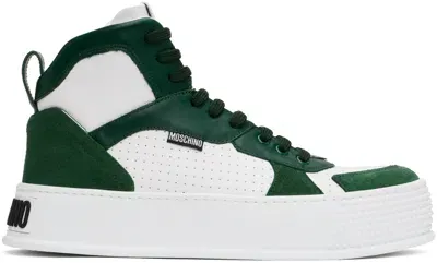 Moschino White & Green Bumps & Stripes High-top Sneakers In White/green