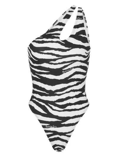 Moschino Zebra-print One-shoulder Swimsuit In Black