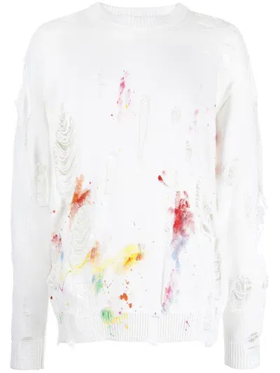 Mostly Heard Rarely Seen Distressed Paint-splatter Sweatshirt In White