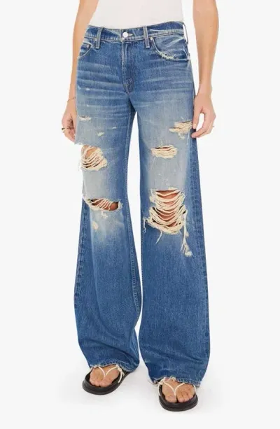 Mother The Down Low Spinner Heel Ripped Low Rise Wide Leg Jeans In Bde