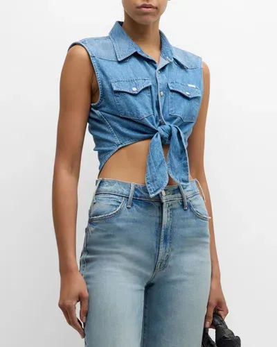 Mother The Sleeveless Knotted Exes Denim Top In Blue