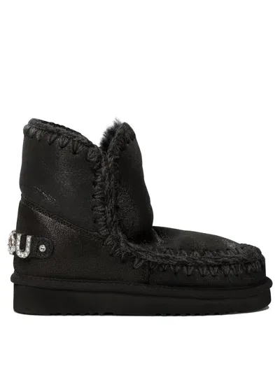 Mou Eskimo 18 Rhinestones Logo Black Sheepskin Ankle Boots - Eskimo 18 Rhinestones Logo