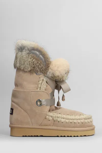 Mou Eskimo Lace And Fur Low Heels Boots In Camel Suede In Blue