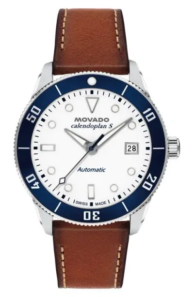 Movado Calendoplan Leather Strap Watch, 40mm In White