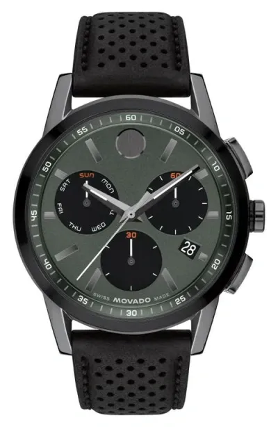 Movado Museum Sport Leather Strap Chronograph Watch, 43mm In Green