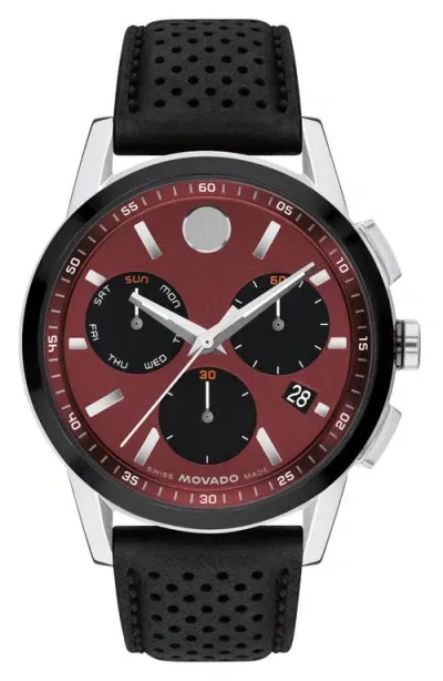 Movado Museum Sport Leather Strap Chronograph Watch, 43mm In Red