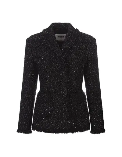 Msgm Black Lurex Tweed Jacket With Frayed Edges