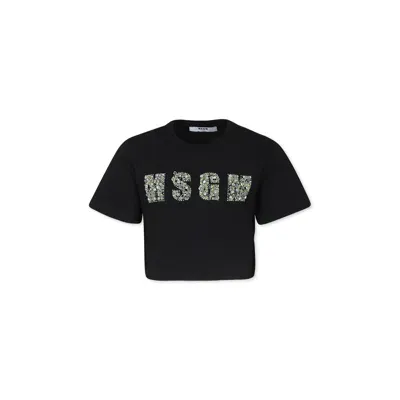 Msgm Kids' Black T-shirt For Girl With Logo