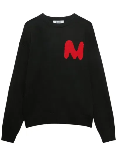 Msgm Embroidered-logo Knitted Jumper In Black