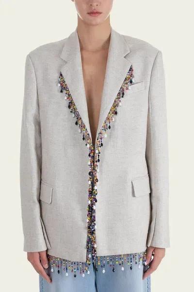 Msgm Blended Linen Single-breasted Beaded Jacket In Beige In White