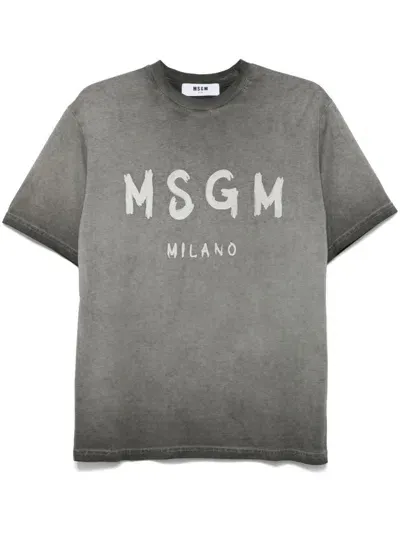 Msgm Brushstroke-logo Faded-effect T-shirt In Grey