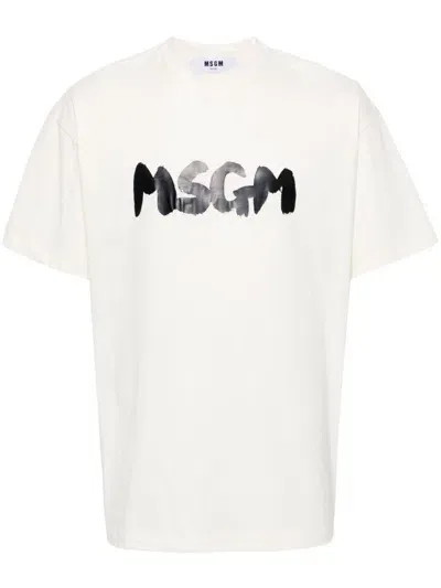 Msgm Brushstroke-logo T-shirt In Neutrals