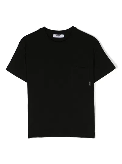 Msgm Kids' Chest-pocket Crew-neck T-shirt In Black