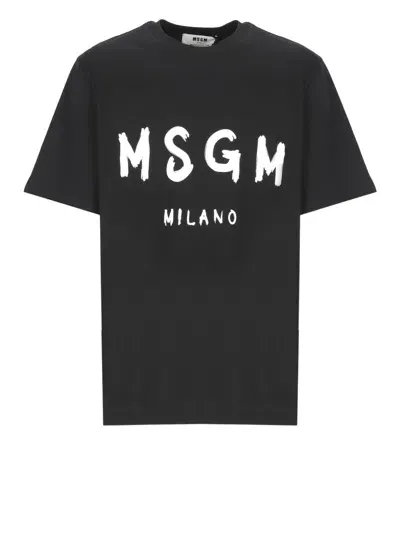 Msgm Logo Print Cotton Jersey T-shirt In Black,white